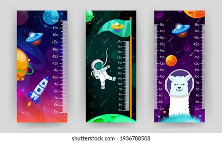 Kids Space Height Chart. Cosmic Wall Meter With Flying Astronaut, Rocket And Fantasy Planets. Vector Illustration In Cartoon Style. Childish Growth Chart. Poster Template For Nursery Design.