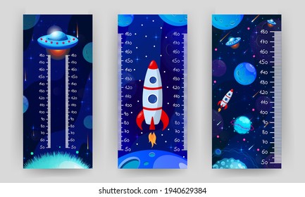 Kids Space Height Chart. Cosmic Wall Meter With Flying Astronaut, Rocket And Fantasy Planets. Vector Illustration In Cartoon Style. Childish Growth Chart. Poster Template For Nursery Design.