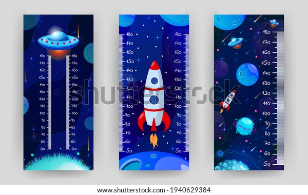 Kids
space height chart. Cosmic wall meter with flying astronaut, rocket
and fantasy planets. Vector illustration in cartoon style. Childish
growth chart. Poster template for nursery
design.