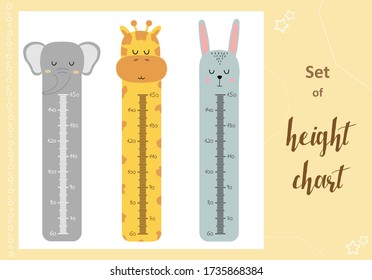 Kids space height chart. Cute wall meter with funny animals. Vector template. Cartoon zoo. Design of children's products in scandinavian style.