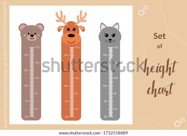 Kids space height chart. Cute wall\
meter with funny animals. Vector template. Cartoon zoo. Design of\
children\'s products in scandinavian\
style.