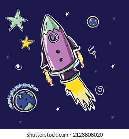 kids space illustration with rocket, stars and planets, sketch vector graphic color illustration on blue background
