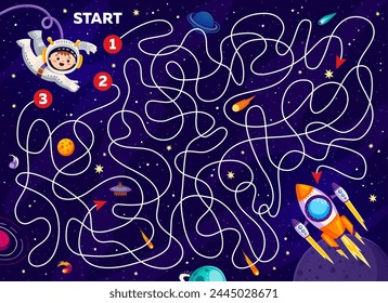 Kids space labyrinth maze game quiz with kid astronaut finding path to galaxy rocket, cartoon vector. Help kid spaceman to find way out to space shuttle in starry sky with alien UFO and asteroids