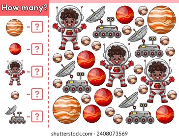 Kids space math game. How many. Count cartoon planets Mars, Jupiter, Pluto, astronauts african boys, lunar rovers. Educational counting worksheet for preschool and school education children. Vector.