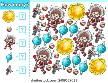 Kids space math game. How many. Count cartoon planets Uranus, Pluto, stars Sun, astronauts girls, satellites. Educational counting worksheet for preschool and school education children. Vector design.