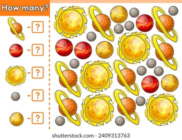 Kids space math game. How many planets of Solar system. Count cartoon planets Venus, Mars, Saturn Mercury, star Sun. Educational counting worksheet for preschool and school education children. Vector.