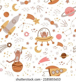 Kids space pattern with hand drawn space elements, cute rocket, planets, moon, stars, cat in space. Repeated cosmic background. Baby space print, fabric, nursery textile design. Vector illustration.