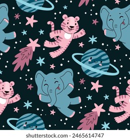 Kids space pattern.Animals in space.Seamless pattern,Flat vector illustration in cartoon style