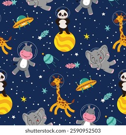Kids space pattern.Animals in space.Seamless pattern,Flat vector illustration in cartoon style