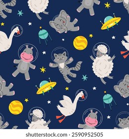 Kids space pattern.Animals in space.Seamless pattern,Flat vector illustration in cartoon style