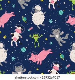 Kids space pattern.Animals in space.Seamless pattern,Flat vector illustration in cartoon style