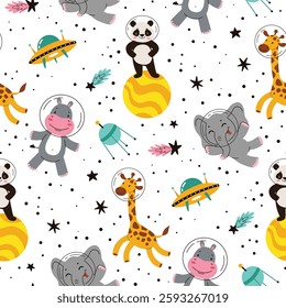 Kids space pattern.Animals in space.Seamless pattern,Flat vector illustration in cartoon style