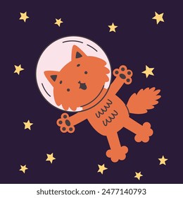 Kids space print.Cat in space.Simple flat vector cartoon illustration