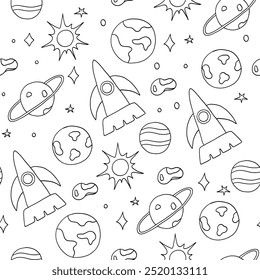 Kids space seamless pattern with planets and rocket in hand drawn doodle style