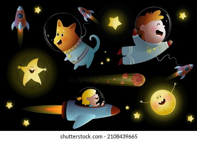 Kids Space travel Clipart Collection isolated on black. Baby cosmonaut cartoon sticker set, sun and stars outer space for children, fantastic galaxy for kids. Vector cosmos design, watercolor style. 