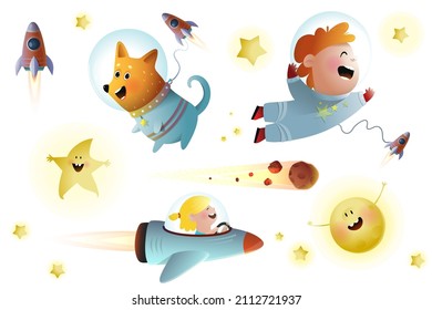 Kids Space travel Clipart Collection isolated on white. Baby cosmonaut and space dog, sun and stars for children, fantastic galaxy for kids. Vector cosmos design, watercolor style.