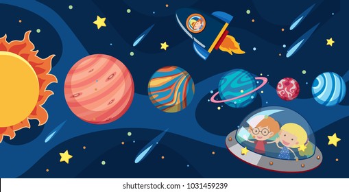 Kids in spaceship in the galaxy illustration