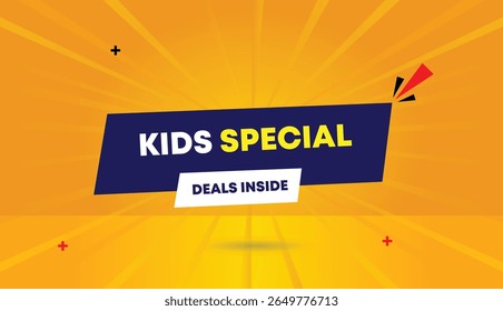 Kids Special Deals Inside web banner vector art illustration template with dark blue and white shapes plus orange yellow sunshine abstract background perfect for unique modern eye catching promotions