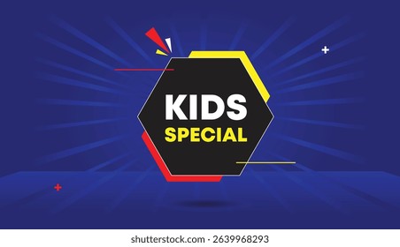Kids special editable web banner vector art illustration icon badge label template design best abstract background black gray yellow red shapes dark light blue sun shine modern business style