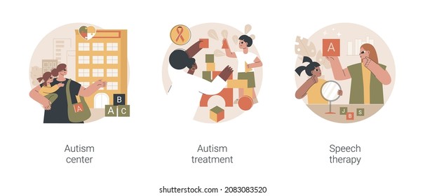 Kids With Special Needs Help Abstract Concept Vector Illustration Set. Autism Treatment In Learning Disability Center, Speech Therapy, Development Delay, Behavior Disorder Analysis Abstract Metaphor.