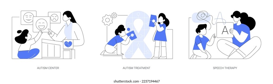 Los niños con necesidades especiales ayudan a crear un conjunto de ilustraciones vectoriales conceptuales abstractas. Tratamiento del autismo en centros de aprendizaje de discapacidad, terapia del habla, retraso del desarrollo, análisis de trastorno de comportamiento metáfora abstracta.