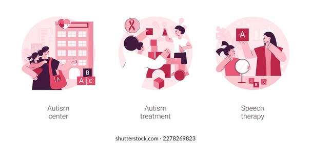 Kids with special needs help abstract concept vector illustration set. Autism treatment in learning disability center, speech therapy, development delay, behavior disorder analysis abstract metaphor.