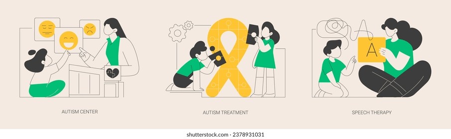 Kids with special needs help abstract concept vector illustration set. Autism treatment in learning disability center, speech therapy, development delay, behavior disorder analysis abstract metaphor.