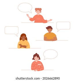 Kids with speech bubbles. Concepts with copy space for display conversation, discussion. Dialog template for school, education projects. Smiling people different nationalities. Vector illustration. 