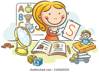 A kids speech therapist with toys, books, letters and a mirror