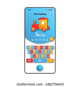 Kids spelling game smartphone interface vector template. Mobile app page white design layout. Teaching children writing words screen. Flat UI for application. Learning letters phone display
