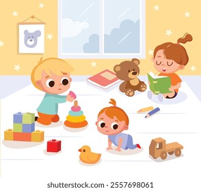 Kids spending time in kinder garden, basic activities in preschool, development process. playing toys together. Playroom with children. vector illustration. crawling reading a book assembling pyramid