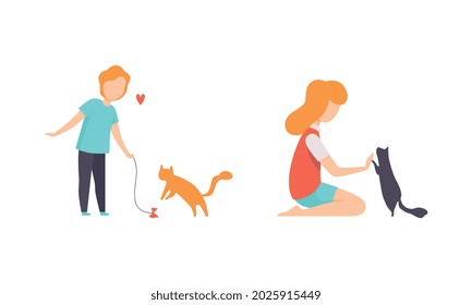 Kids Spending Time with their Pets Set, Boys and Girl Playing and Petting Cats Flat Vector Illustration