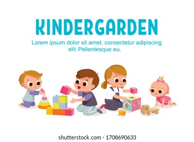 Kids Spending Time Together Playing Toys In Kinder Garden. Playroom With Children. Isolated Vector Illustration On White Background.