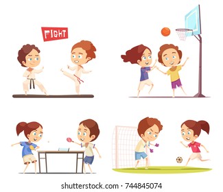 Kids sport 2x2 flat design concept with funny children playing table tennis football basketball and engaged in karate vector illustration 