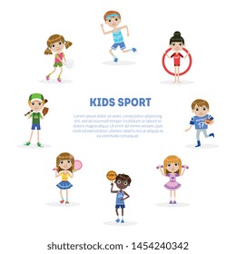 Kids Sport Banner Template with Space for Text, Cute Boy and Girls Engaged in Various Sports Vector Illustration