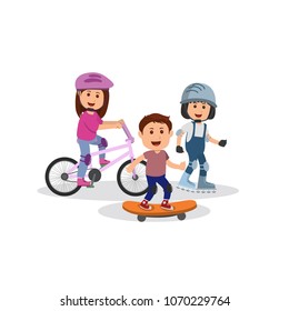 kids sport with bicycle skateboard and rolling skate character vector illustration