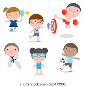 kids and sport, Children playing various sports on white background,swimming, boxing, football, tennis, karate, Darts, Vector illustration