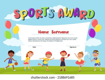 Kids sport diploma. Active kid certificate, school award template with happy boys and girls practicing sports cartoon vector Illustration. Reward for child winner in physical activity competition