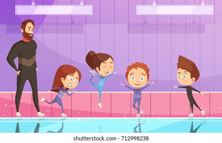 Kids Sport Flat Vector Illustration With Cartoon Characters Training On Stadium With Their Instructor At Figure Skating