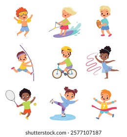 Kids Sport with Girl and Boy Character Enjoy Sportive Activity Vector Set