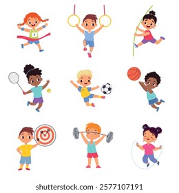 Kids Sport with Girl and Boy Character Enjoy Sportive Activity Vector Set