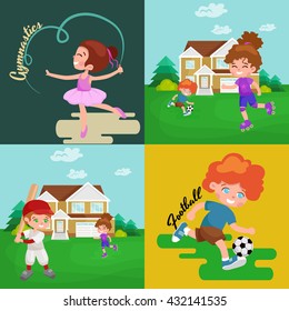 Kids sport, isolated boy and girl playing active games vector