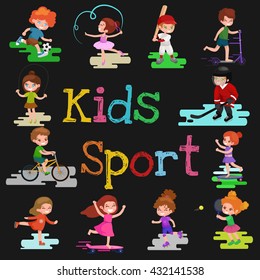 Kids sport, isolated boy and girl playing active games vector