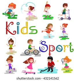 Kids sport, isolated boy and girl playing active games vector