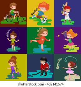 Kids sport, isolated boy and girl playing active games vector