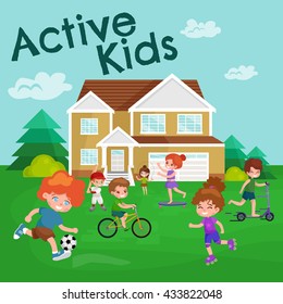 Kids sport, isolated boy and girl playing active games vector