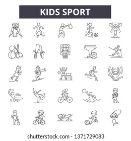 Kids sport line icons, signs set, vector. Kids sport outline concept, illustration: sport,kid,activity,football,ball,cartoon,design