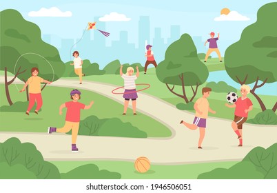 Kids sport outdoor. Children play in park playground. Girl with kite, boy playing football and baseball. Summer activity vector. Illustration sport outdoor park, landscape kindergarten playground