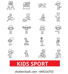 Kids Sport, Play, Children Sports, Football, Basketball, Running, Jumping, Team Line Icons. Editable Strokes. Flat Design Vector Illustration Symbol Concept. Linear Signs Isolated On White Background