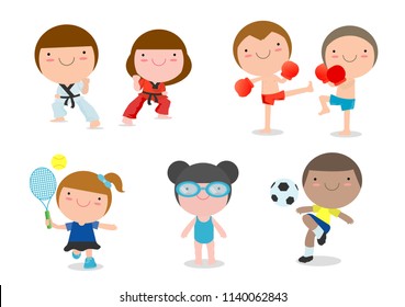 kids and sport, Kids playing various sports on white background , Cartoon kids sports,boxing, football, soccer,tennis, Taekwondo, karate, Swimming,Vector illustration